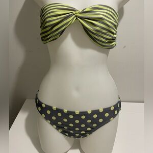 Hot Water Brand Neon Yellow & Gray 2 Piece Bikini Set Strapless Stripes & Dots